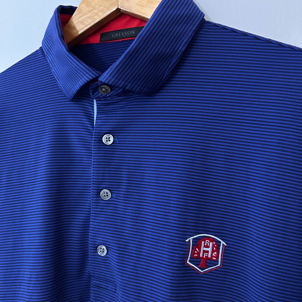 Greyson Mens‎ Large Blue Stripe Performance Golf Polo Shirt Short Sleeve Stretch
